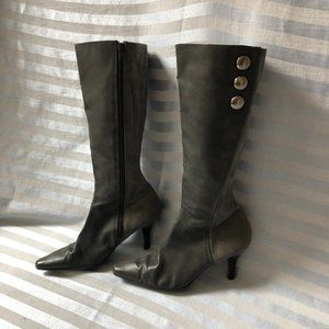 Gray Faux Suede & Leather Chrome Button Heeled Boots (see description)